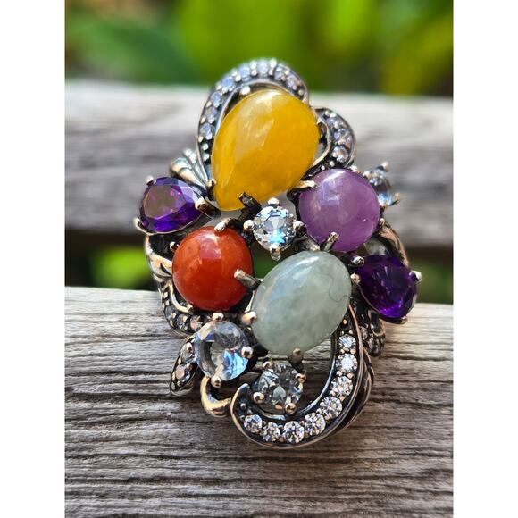JOY PAJ Jade of Yesteryear 925 Sterling Silver Multi Stone Jade Ring Size 5 - Picture 5 of 11